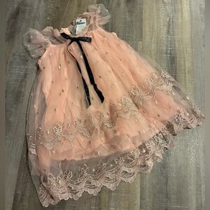 Elegant Pink Lace Dress with Black Bow